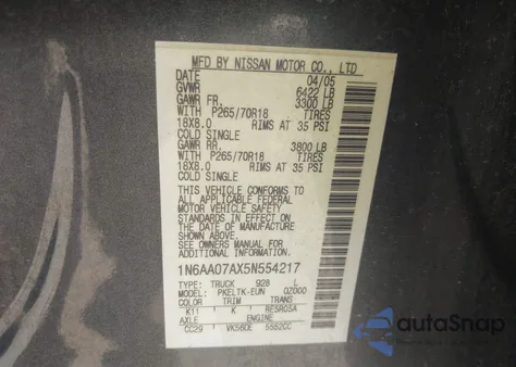 2005 Nissan Titan Se from USA, damaged, VIN 1N6AA07AX5N554217